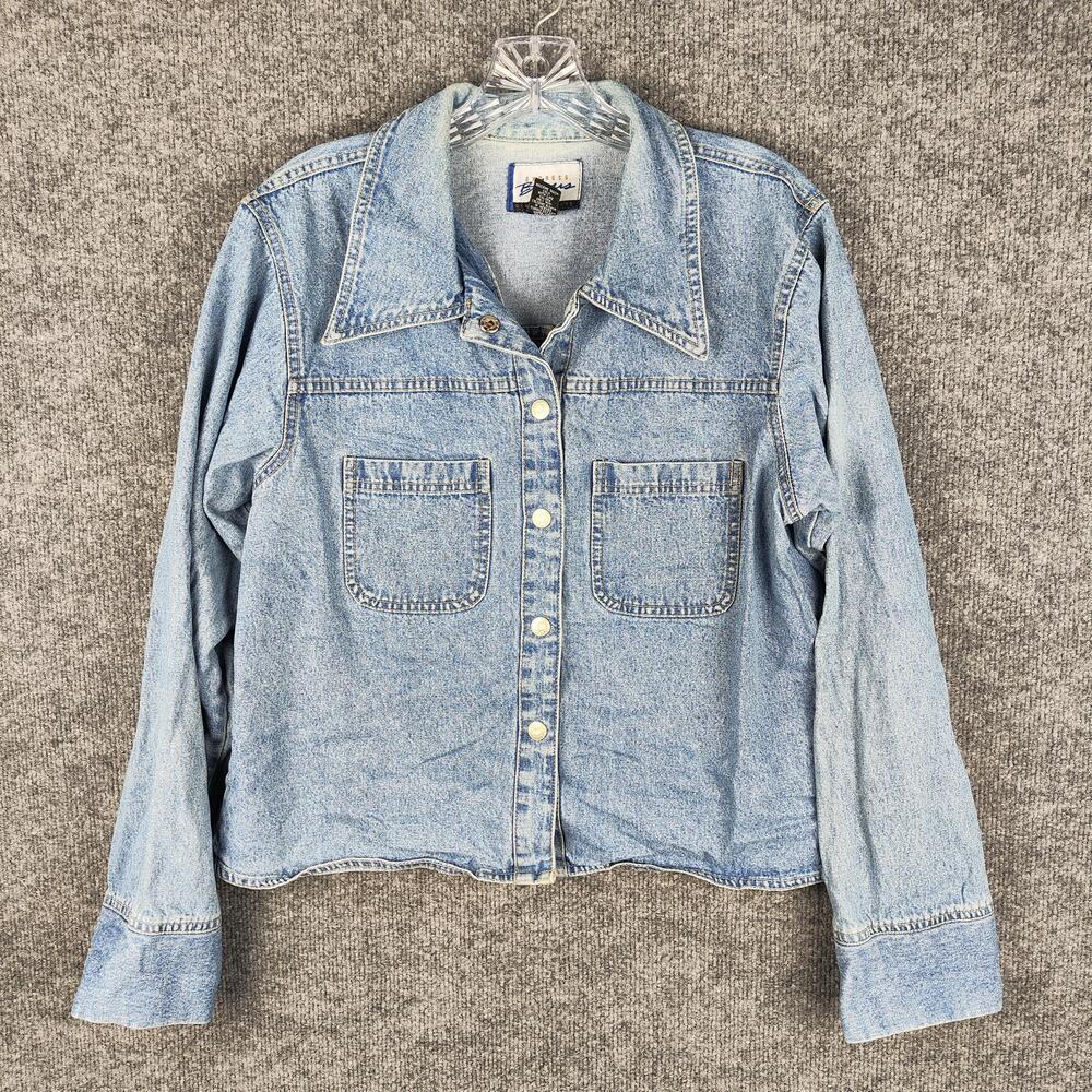 Vintage Express Bleus Jacket Womens Large Blue Denim Cropped Button Front 80s